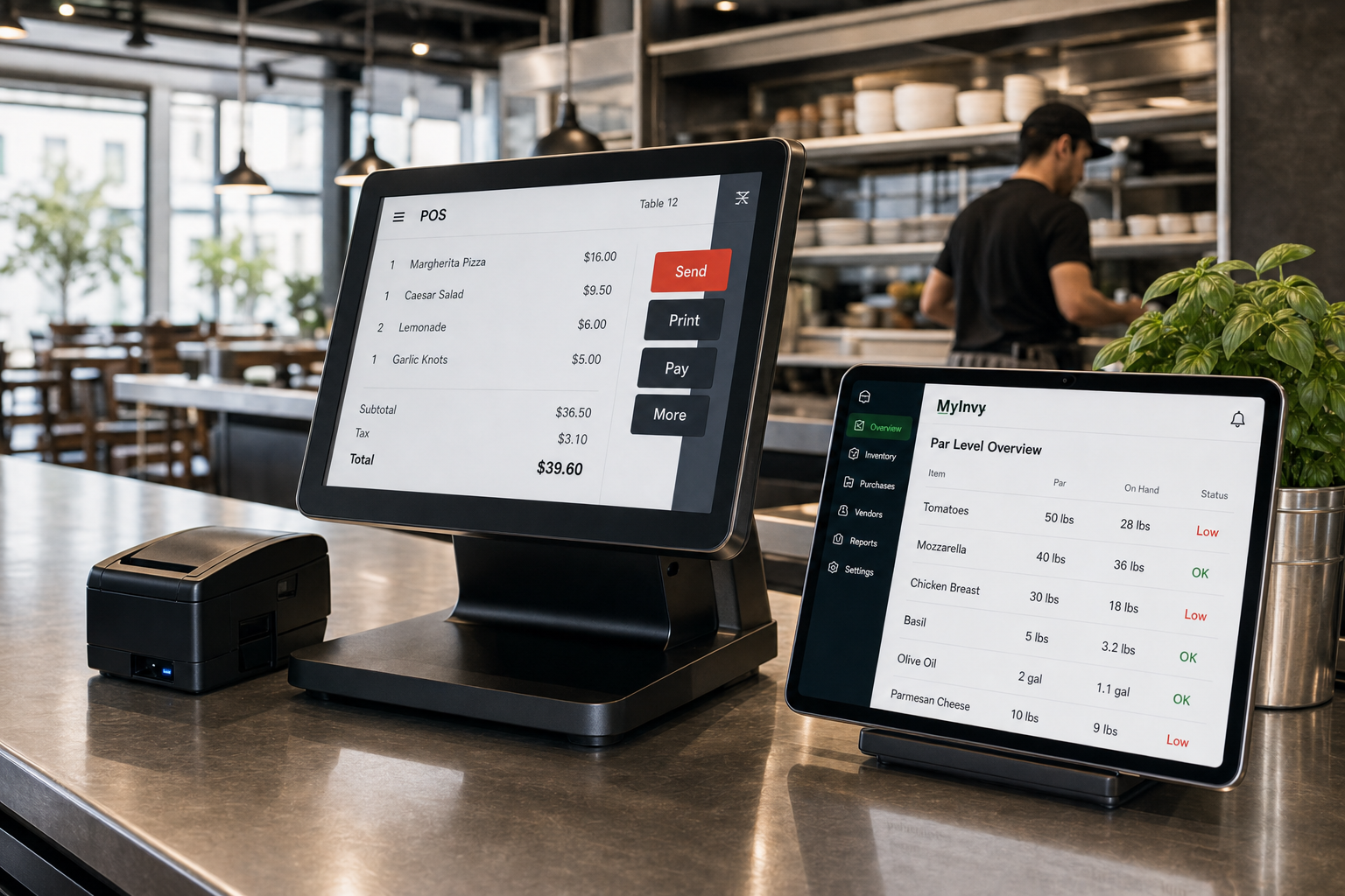 A restaurant counter with a point-of-sale terminal and an inventory tablet